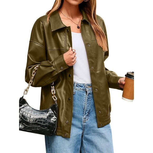 Women's Oversized Faux Leather Green Jacket Button Down Moto Bomber Winter Coat - Picture 1 of 6